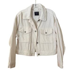 Abercrombie & Fitch White Wide Wale Corduroy Cropped Trucker Jacket, Size Lg.